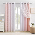 Ombre Blackout Curtains 4 Pcs Set Mix & Matched - 2 Pcs Leaf Sheer Lace & 2 Pcs Ombre Blackout Room Darkening Window Curtains for Bed Room Living Room 84 Inch Long Grommet Thermal Insulated Sunlight Blocking Noise Reducing Pink Color (Set of 4)