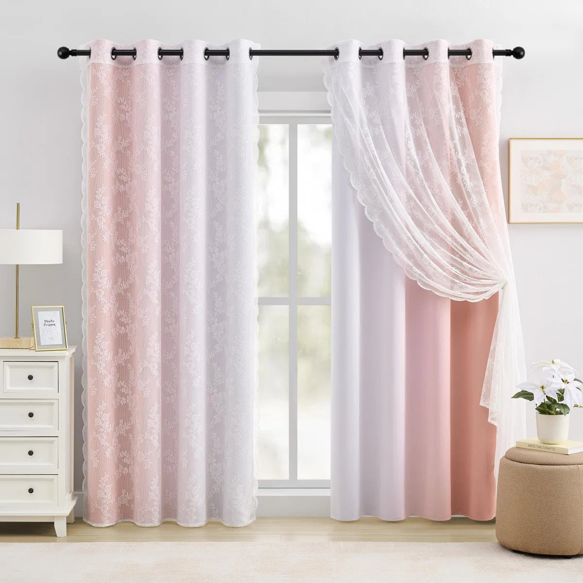 Ombre Blackout Curtains 4 Pcs Set Mix & Matched - 2 Pcs Leaf Sheer Lace & 2 Pcs Ombre Blackout Room Darkening Window Curtains for Bed Room Living Room 84 Inch Long Grommet Thermal Insulated Sunlight Blocking Noise Reducing Pink Color (Set of 4)