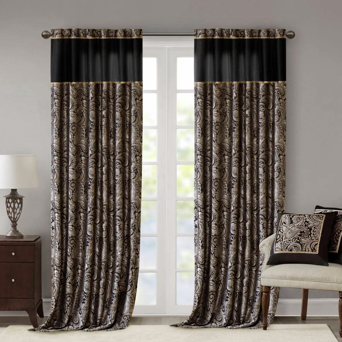 Aubrey Jacquard Black Curtain Panel Pair 50x84" (Set of 2)