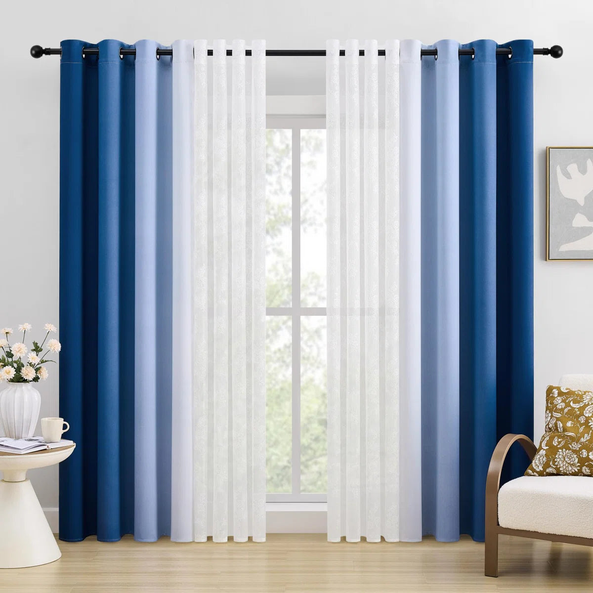 Ombre Blackout Curtains 4 Pcs Set Mix & Matched - 2 Pcs Leaf Sheer Lace & 2 Pcs Ombre Blackout Room Darkening Window Curtains for Bed Room Living Room 84 Inch Long Grommet Thermal Insulated Sunlight Blocking Noise Reducing Navy Blue Color (Set of 4)