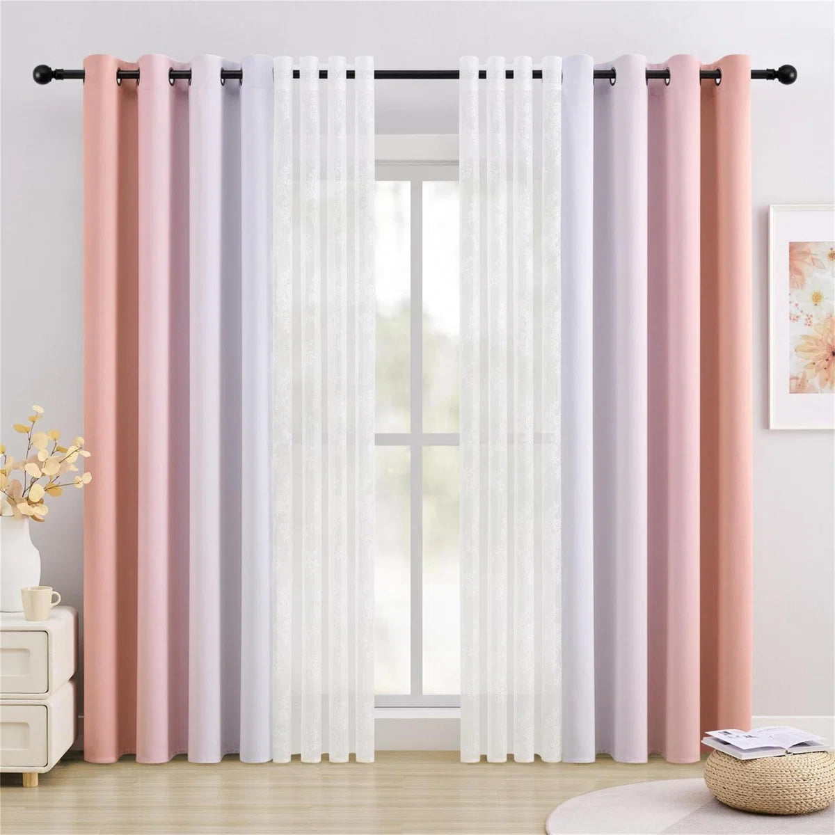 Ombre Blackout Curtains 4 Pcs Set Mix & Matched - 2 Pcs Leaf Sheer Lace & 2 Pcs Ombre Blackout Room Darkening Window Curtains for Bed Room Living Room 84 Inch Long Grommet Thermal Insulated Sunlight Blocking Noise Reducing Pink Color (Set of 4)