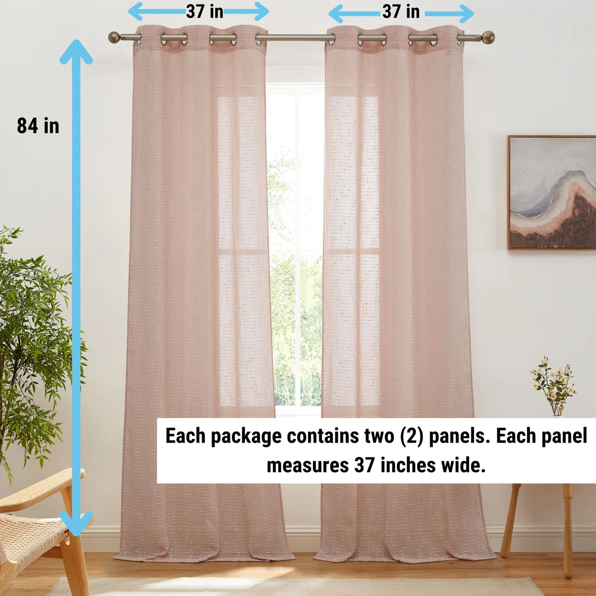 Pothos Faux Linen Semi Sheer Light Filtering Grommet Curtains Panels for Bedroom & Living Room, Pair (Set of 2)