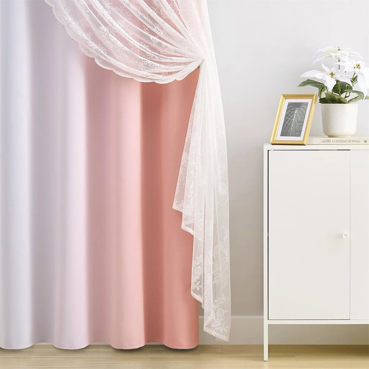 Ombre Blackout Curtains 4 Pcs Set Mix & Matched - 2 Pcs Leaf Sheer Lace & 2 Pcs Ombre Blackout Room Darkening Window Curtains for Bed Room Living Room 84 Inch Long Grommet Thermal Insulated Sunlight Blocking Noise Reducing Pink Color (Set of 4)
