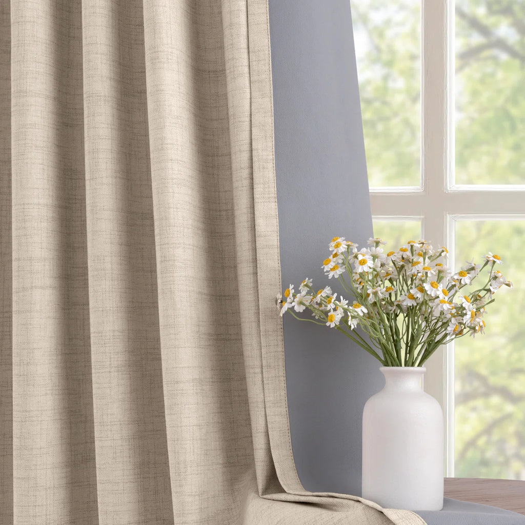 100% Blackout Curtains Polyester Faux Linen Fabric Pinch Pleated Drapes With 20 Hooks Blackout Curtains For Bedroom/Living Room ( 2 Panels Set)