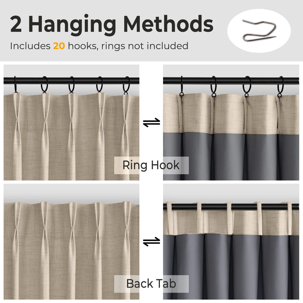 100% Blackout Curtains Polyester Faux Linen Fabric Pinch Pleated Drapes With 20 Hooks Blackout Curtains For Bedroom/Living Room ( 2 Panels Set)