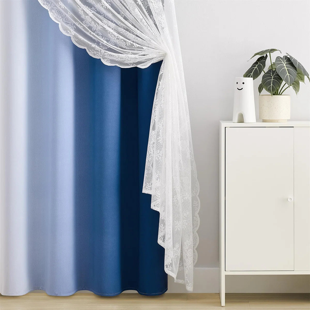 Ombre Blackout Curtains 4 Pcs Set Mix & Matched - 2 Pcs Leaf Sheer Lace & 2 Pcs Ombre Blackout Room Darkening Window Curtains for Bed Room Living Room 84 Inch Long Grommet Thermal Insulated Sunlight Blocking Noise Reducing Navy Blue Color (Set of 4)