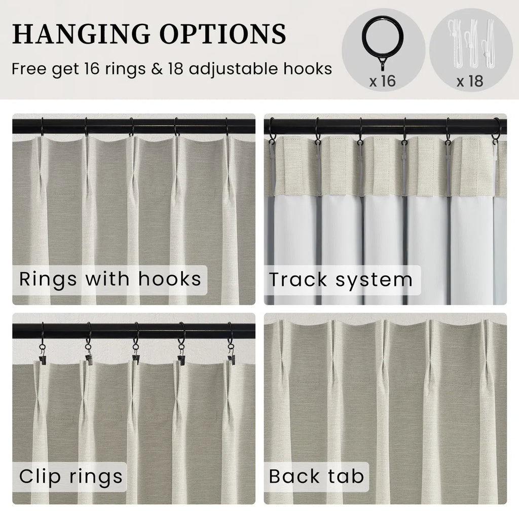 Pinch Pleated Curtains,Full Blackout Drapes Back Tab Pinch Pleat Curtain with Hooks+Rings (Set of 2)