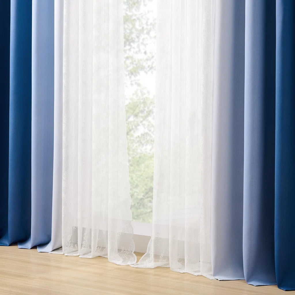 Ombre Blackout Curtains 4 Pcs Set Mix & Matched - 2 Pcs Leaf Sheer Lace & 2 Pcs Ombre Blackout Room Darkening Window Curtains for Bed Room Living Room 84 Inch Long Grommet Thermal Insulated Sunlight Blocking Noise Reducing Navy Blue Color (Set of 4)
