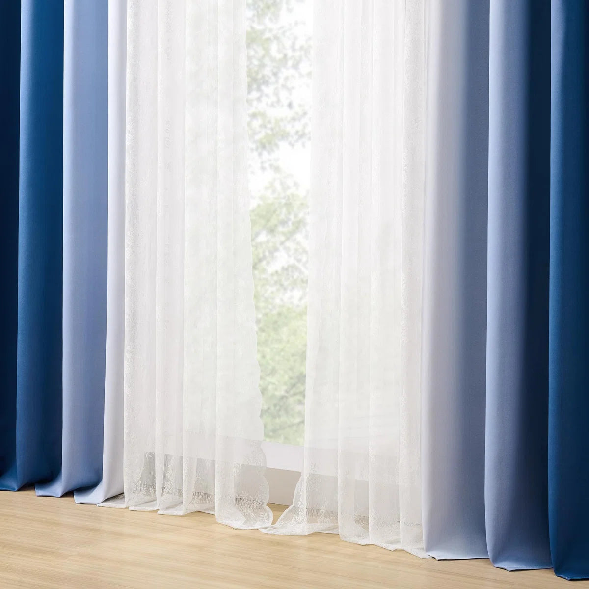 Ombre Blackout Curtains 4 Pcs Set Mix & Matched - 2 Pcs Leaf Sheer Lace & 2 Pcs Ombre Blackout Room Darkening Window Curtains for Bed Room Living Room 84 Inch Long Grommet Thermal Insulated Sunlight Blocking Noise Reducing Navy Blue Color (Set of 4)
