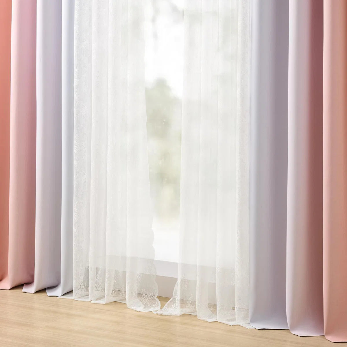 Ombre Blackout Curtains 4 Pcs Set Mix & Matched - 2 Pcs Leaf Sheer Lace & 2 Pcs Ombre Blackout Room Darkening Window Curtains for Bed Room Living Room 84 Inch Long Grommet Thermal Insulated Sunlight Blocking Noise Reducing Pink Color (Set of 4)